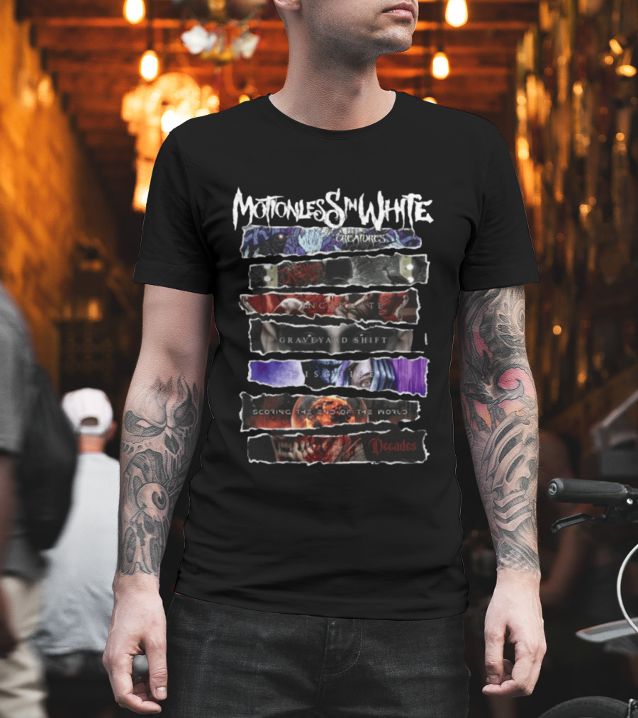 Motionless In White Creatures Infamous Reincarnate Graveyard Shift Disguise Scoring The End Of The World Decades T-Shirt