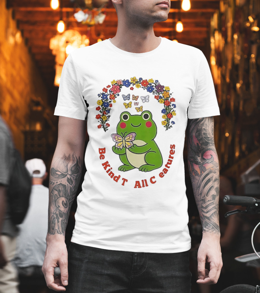 Be Kind To All Creatures Frog Butterfly Floral Rainbow T-Shirt