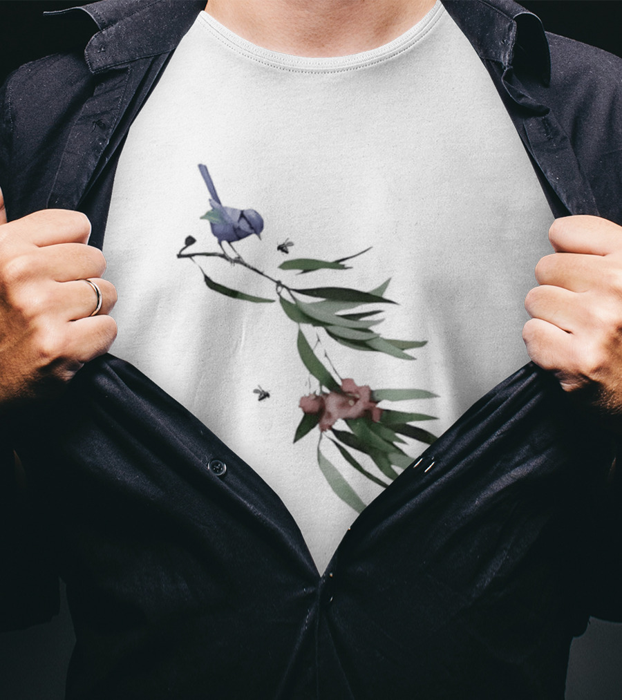 Blue Wren On Eucalyptus Branch With Red Blossoms Bird T-Shirt