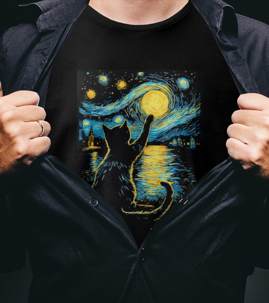 Cat Reaching For The Moon Starry Night Van Gogh Inspired Scene T-Shirt