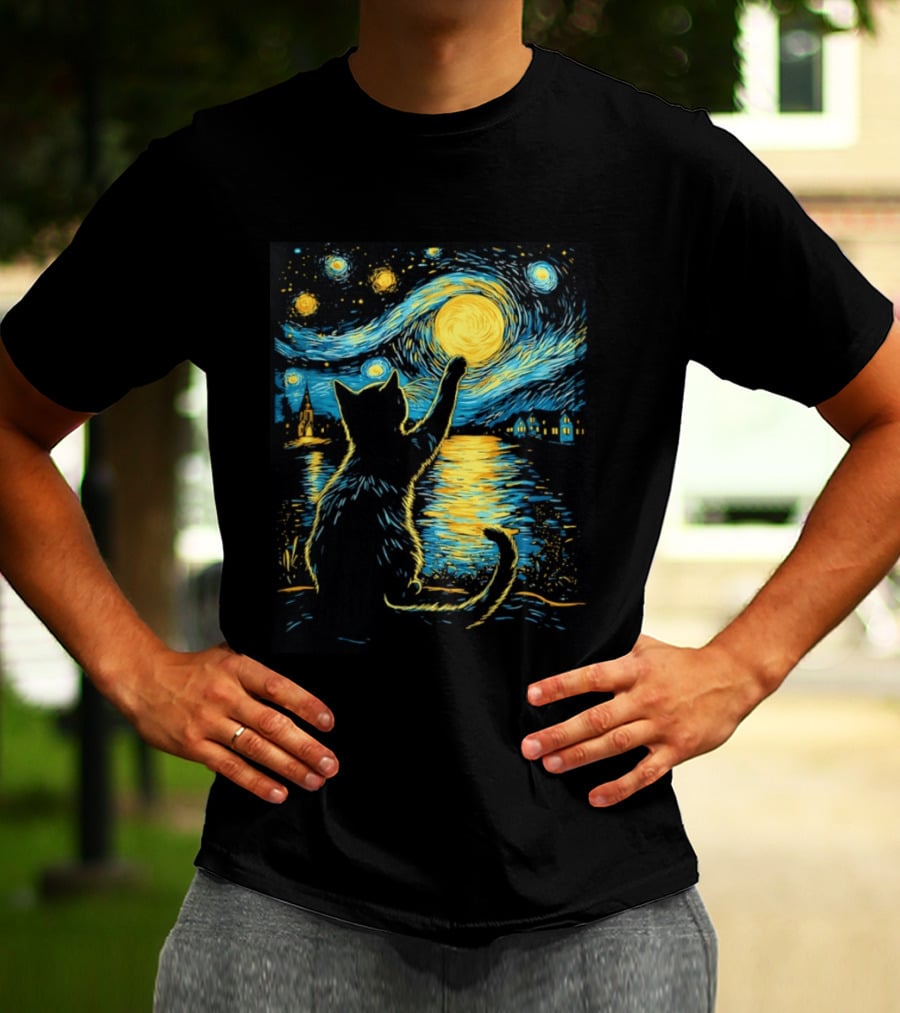 Cat Reaching For The Moon Starry Night Van Gogh Inspired Scene T-Shirt