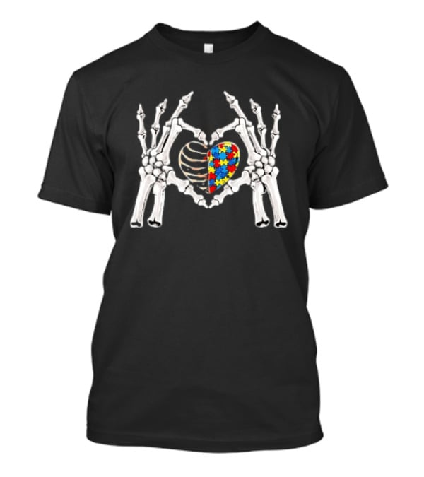 Skeleton Hands Heart Autism Puzzle Piece Awareness T-Shirt