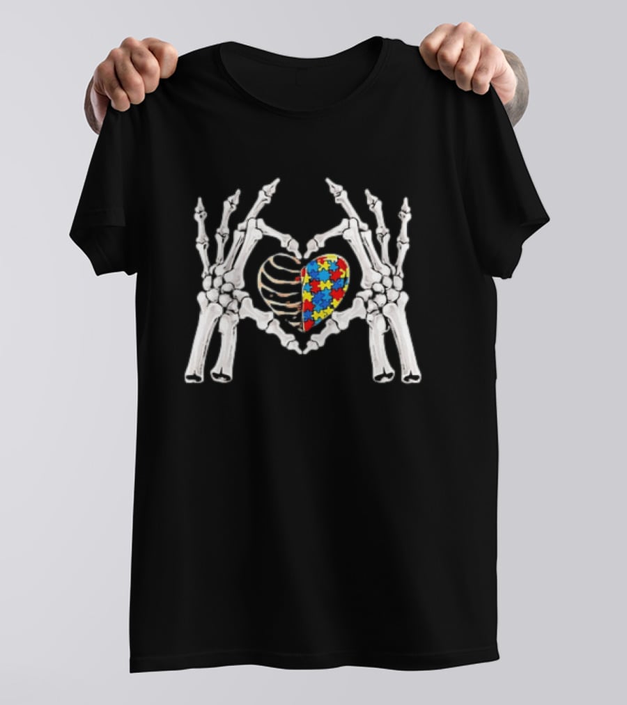 Skeleton Hands Heart Autism Puzzle Piece Awareness T-Shirt