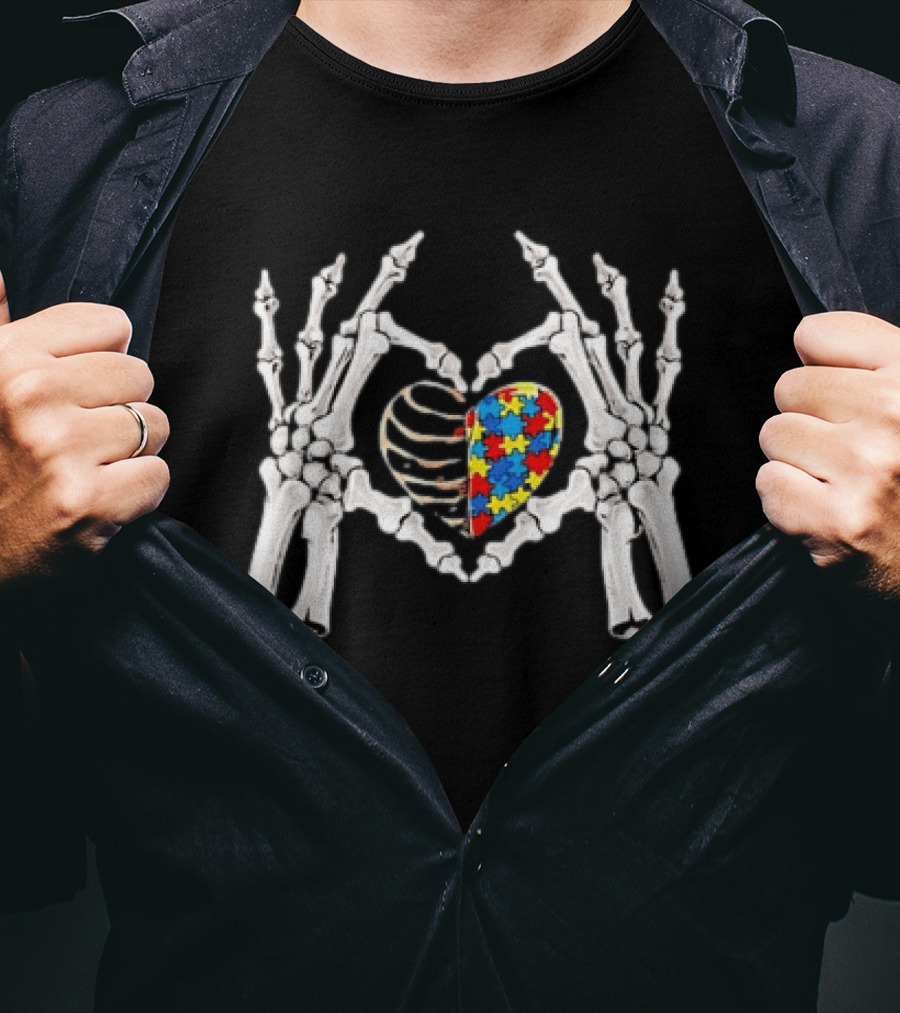 Skeleton Hands Heart Autism Puzzle Piece Awareness T-Shirt