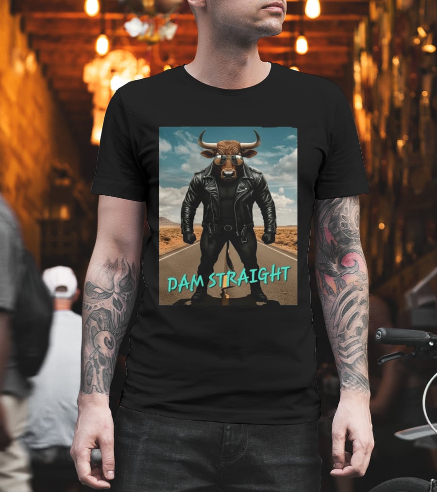 Dam Straight Charging Bull In Basquiat Style With Leather Jacket T-Shirt