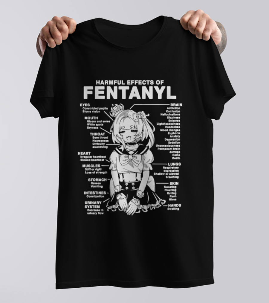 Harmful Effects Of Fentanyl Infographic Anime Character Eyes Mouth Heart Muscles Oxygen Intoxication T-Shirt