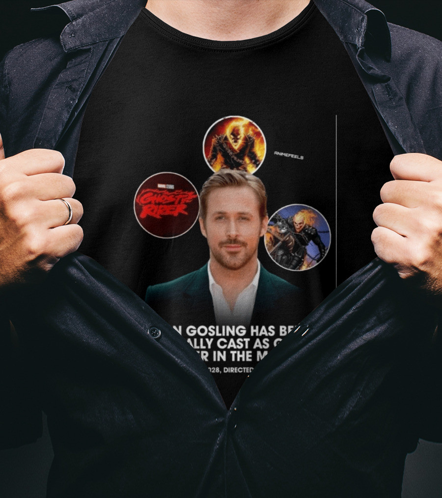 Ryan Gosling Cast As Ghost Rider In Marvel Cinematic Universe MCU 2028 Directed By Shawn Levy T-Shirt