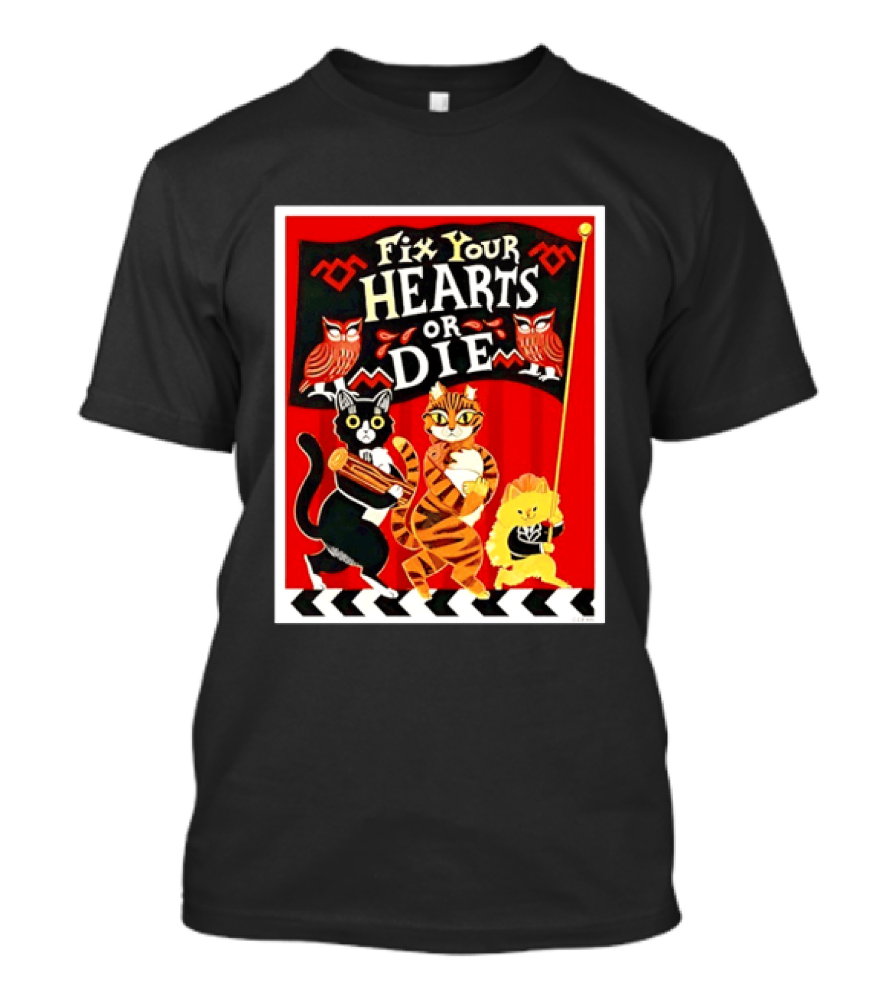 Twin Peaks Cats Fix Your Hearts Or Die David Lynch Owls Red Banner T-Shirt