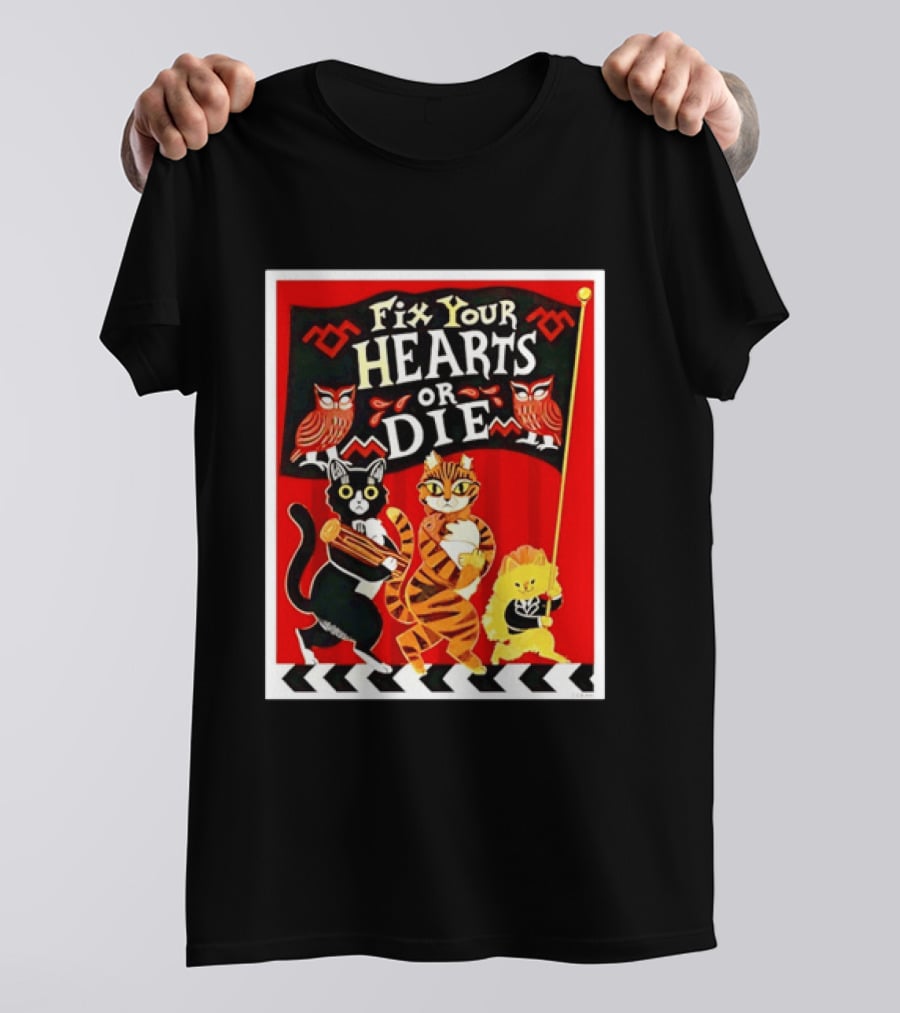 Twin Peaks Cats Fix Your Hearts Or Die David Lynch Owls Red Banner T-Shirt