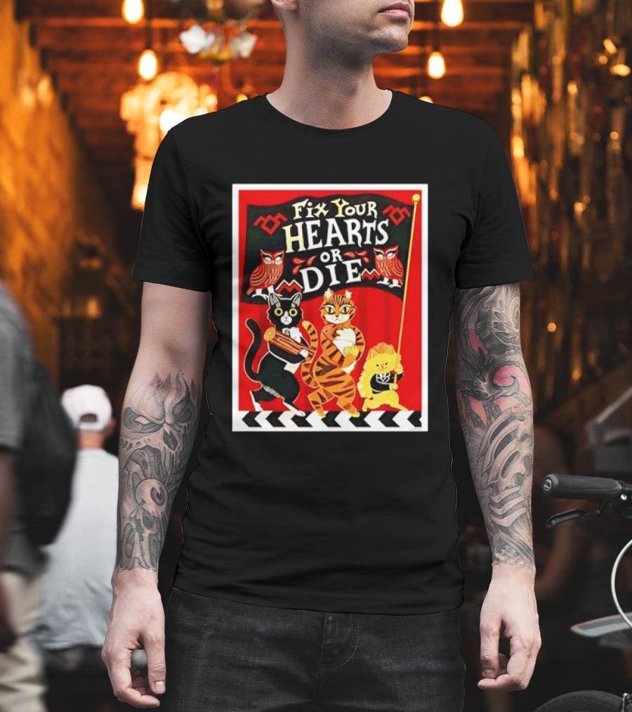 Twin Peaks Cats Fix Your Hearts Or Die David Lynch Owls Red Banner T-Shirt