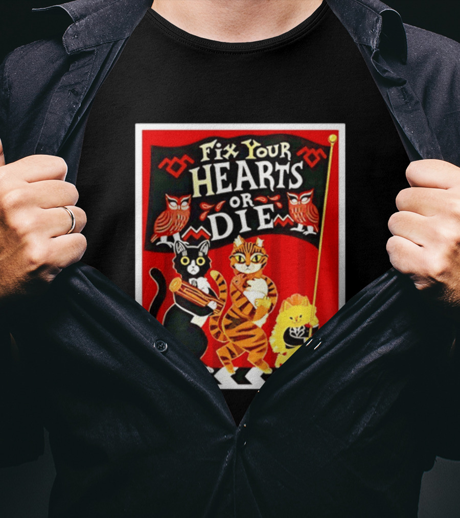 Twin Peaks Cats Fix Your Hearts Or Die David Lynch Owls Red Banner T-Shirt