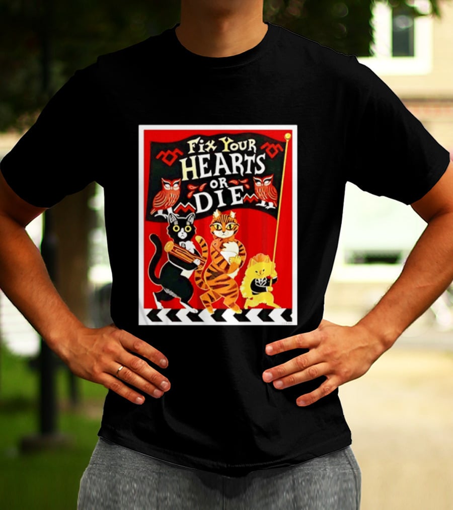 Twin Peaks Cats Fix Your Hearts Or Die David Lynch Owls Red Banner T-Shirt