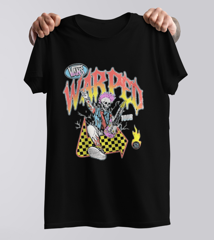 Vans Warped Tour 2026 Punk Rock Skeleton Guitarist With Colorful Mohawk T-Shirt