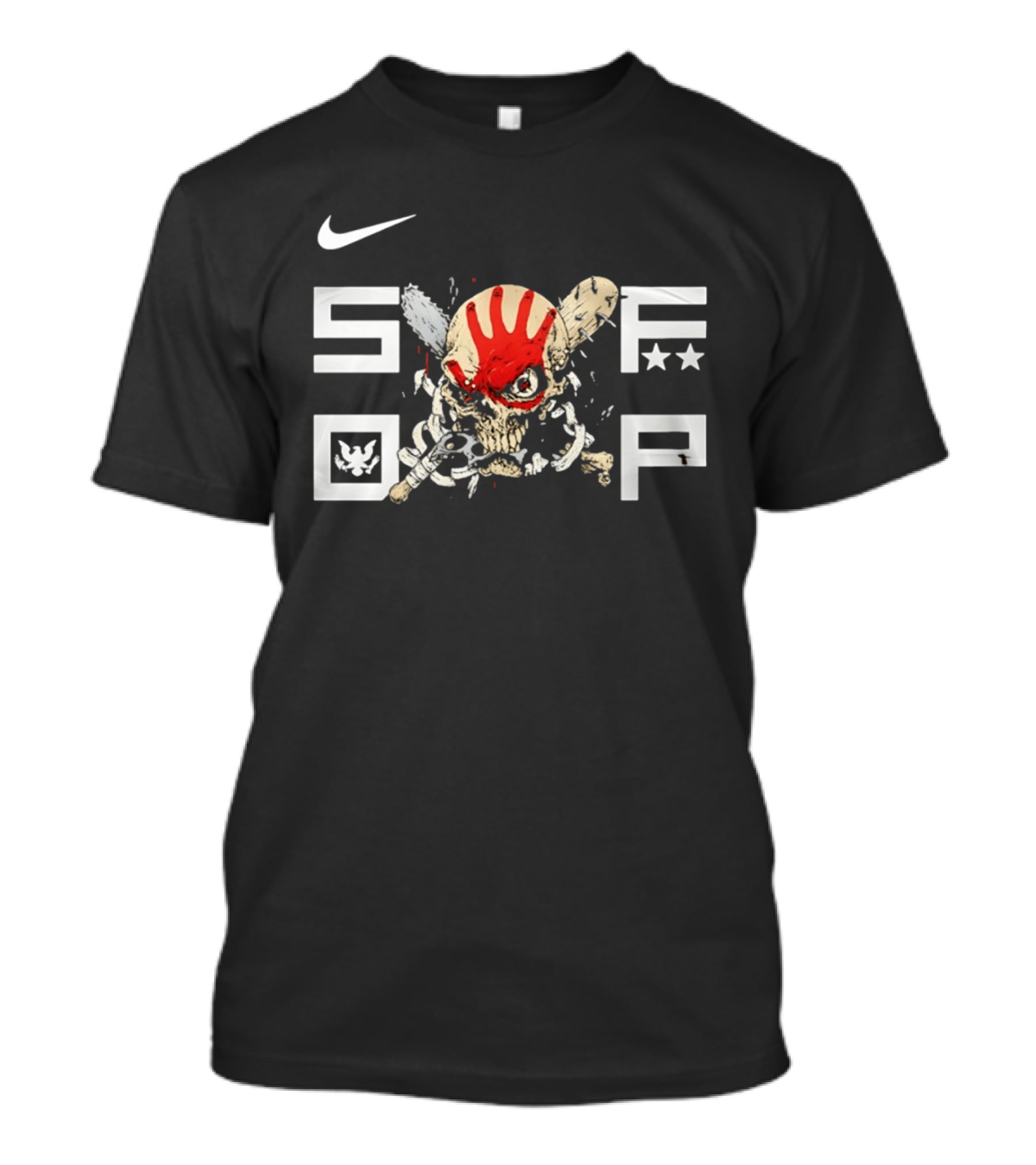SDFP Skull Chains Brass Knuckles Design With Nike Logo And Red Handprint T-Shirt