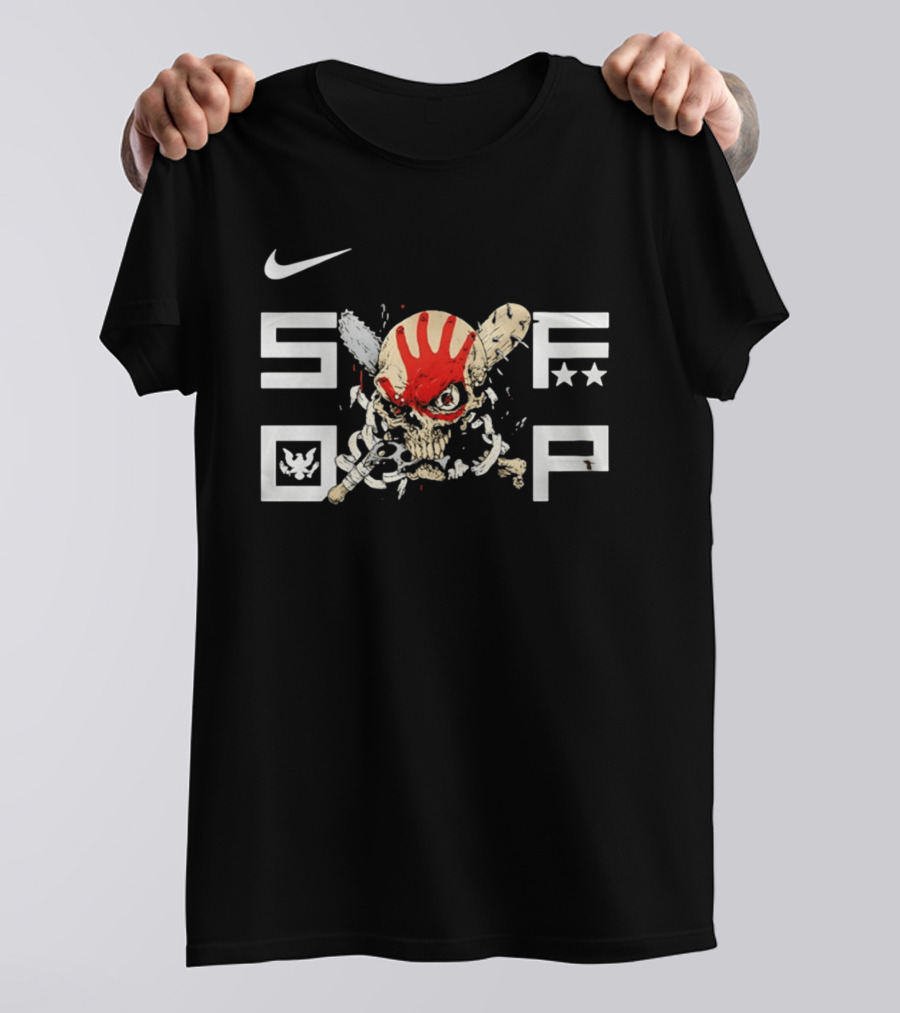 SDFP Skull Chains Brass Knuckles Design With Nike Logo And Red Handprint T-Shirt