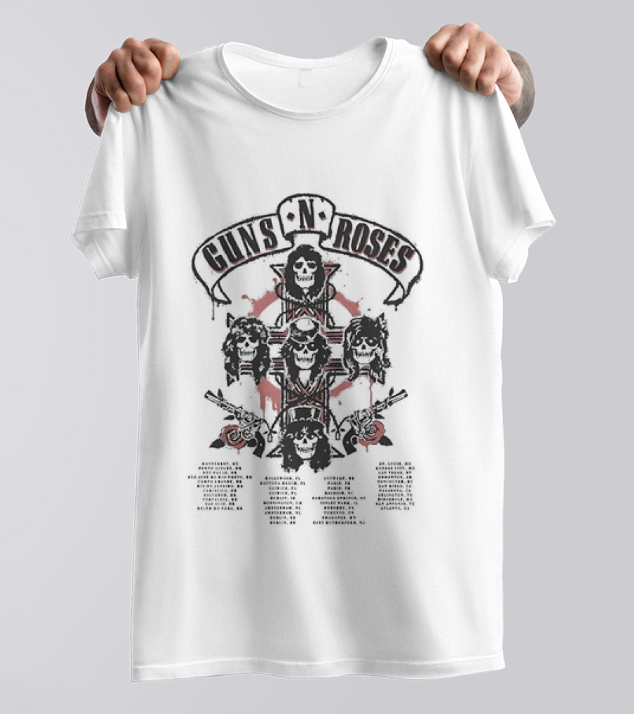 Guns N Roses 2026 World Tour Cross With Spray Painted Red Roses T-Shirt