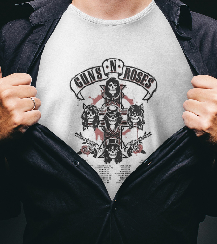 Guns N Roses 2026 World Tour Cross With Spray Painted Red Roses T-Shirt