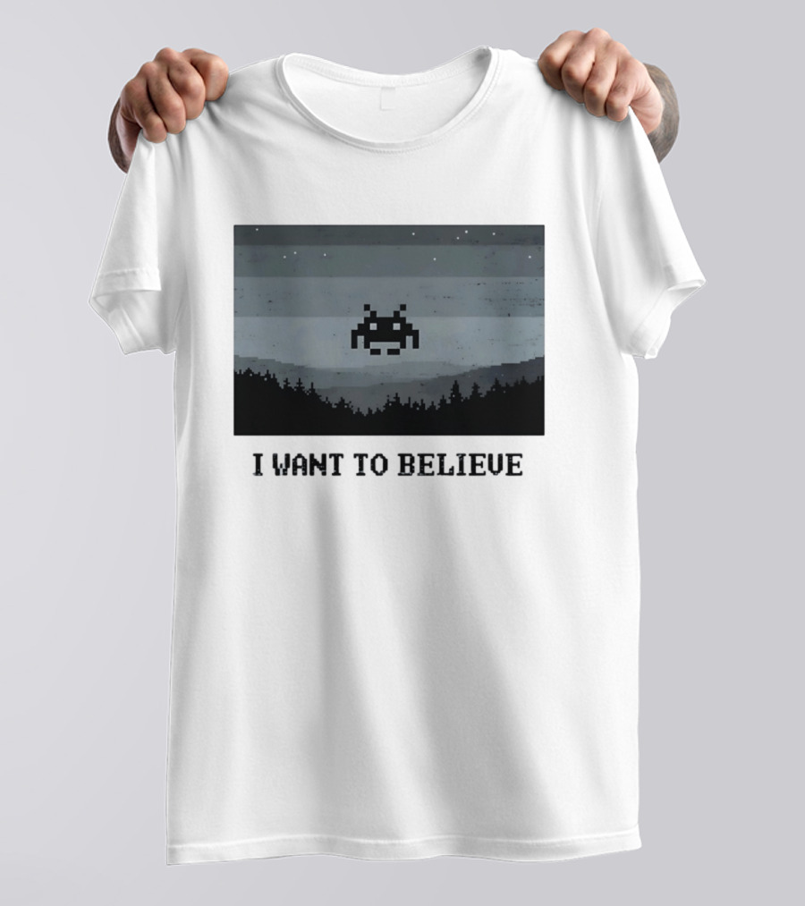 I Want To Believe Space Invader Pixel UFO Forest Scene T-Shirt