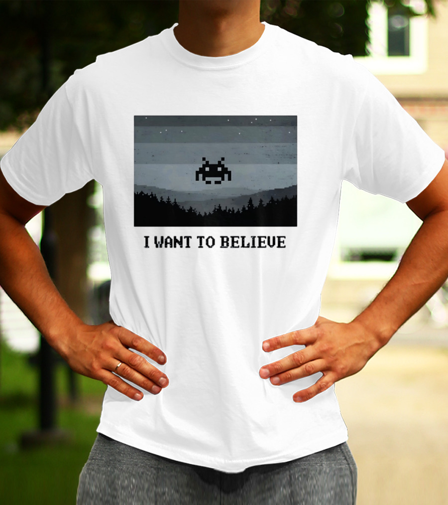 I Want To Believe Space Invader Pixel UFO Forest Scene T-Shirt