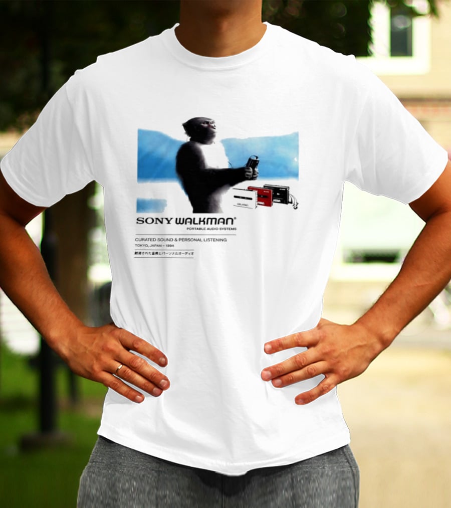 Sony Walkman Chimpanzee Tokyo Japan 1994 Curated Sound Personal Listening T-Shirt