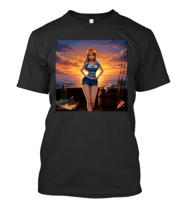 Nami One Piece Joyful Sunset Pirate Ship Ocean Scene T-Shirt