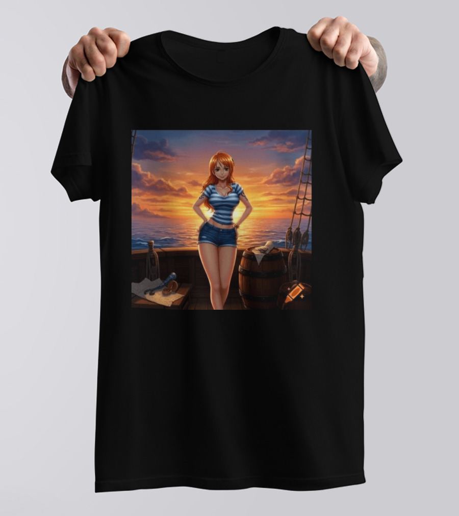 Nami One Piece Joyful Sunset Pirate Ship Ocean Scene T-Shirt