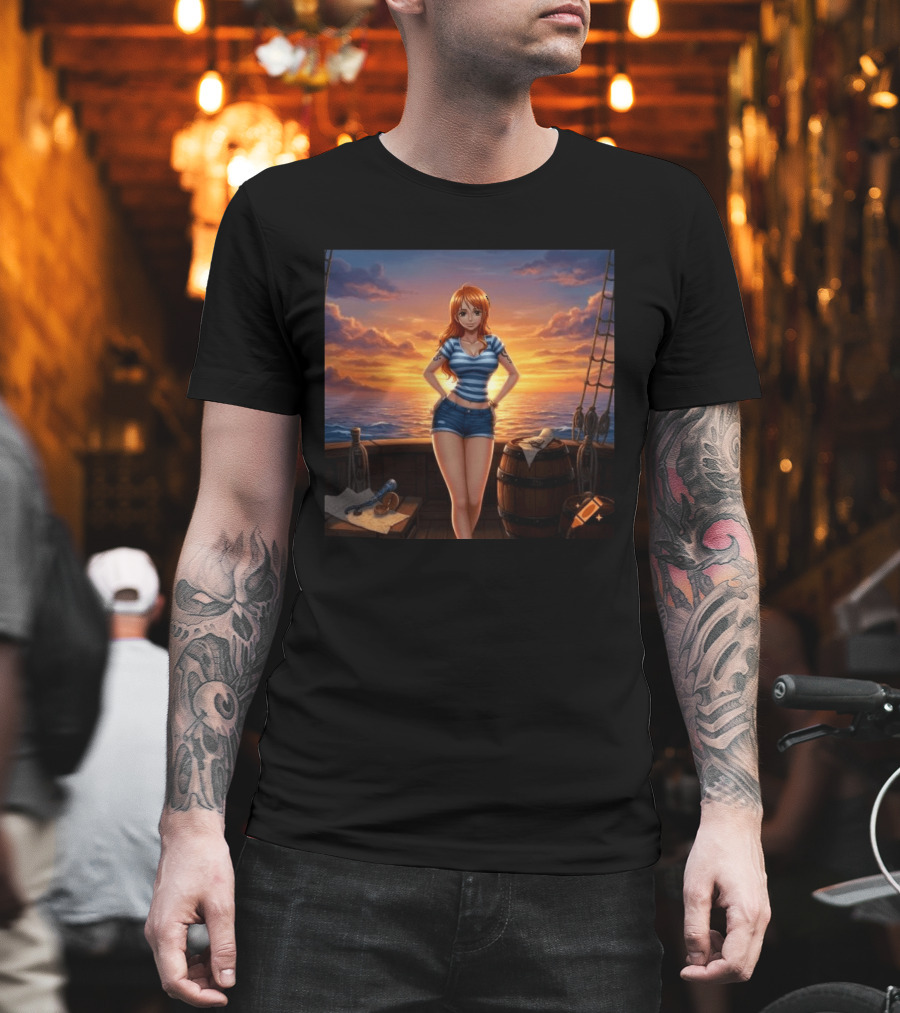 Nami One Piece Joyful Sunset Pirate Ship Ocean Scene T-Shirt