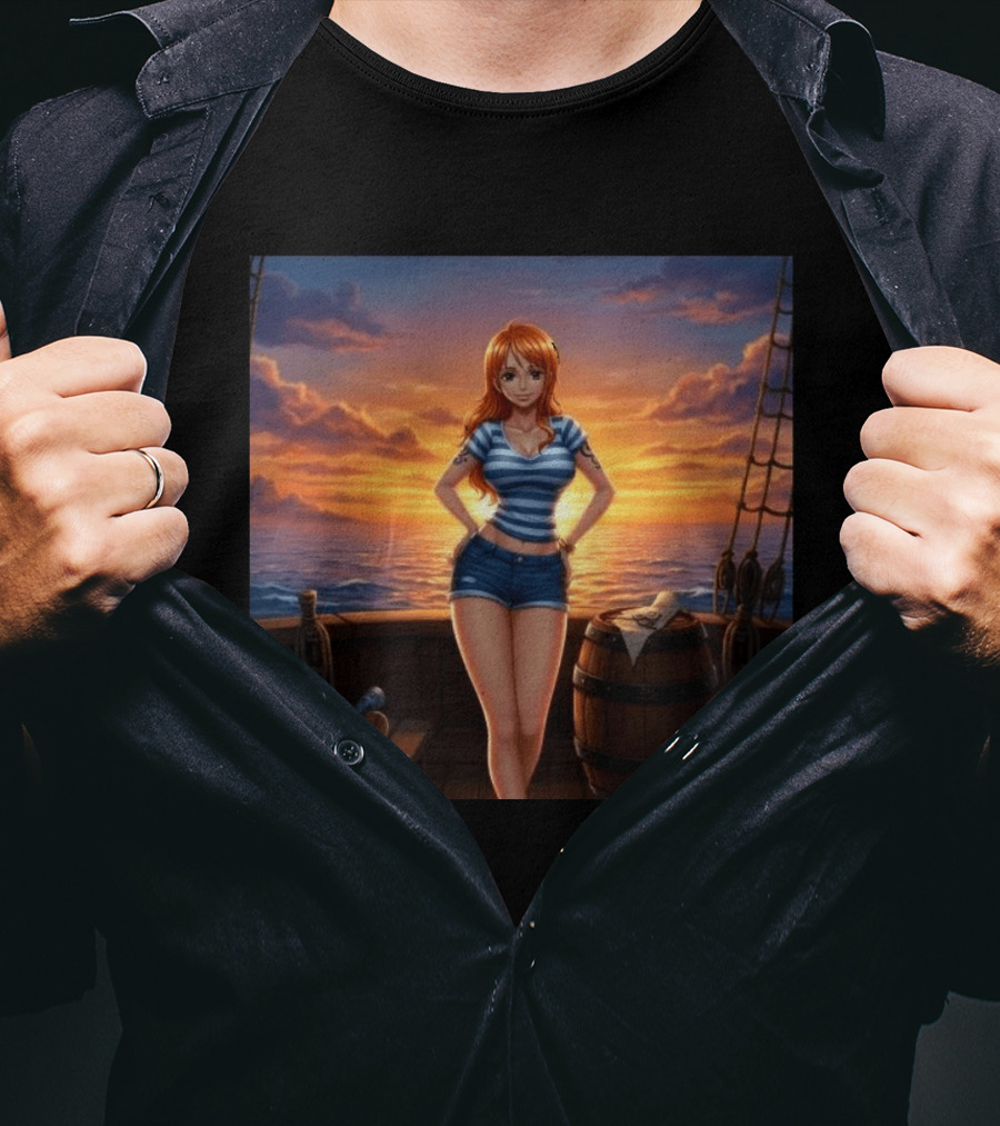 Nami One Piece Joyful Sunset Pirate Ship Ocean Scene T-Shirt