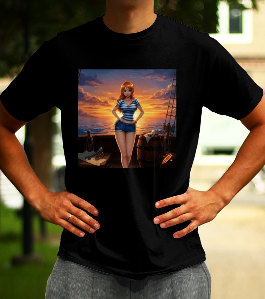 Nami One Piece Joyful Sunset Pirate Ship Ocean Scene T-Shirt