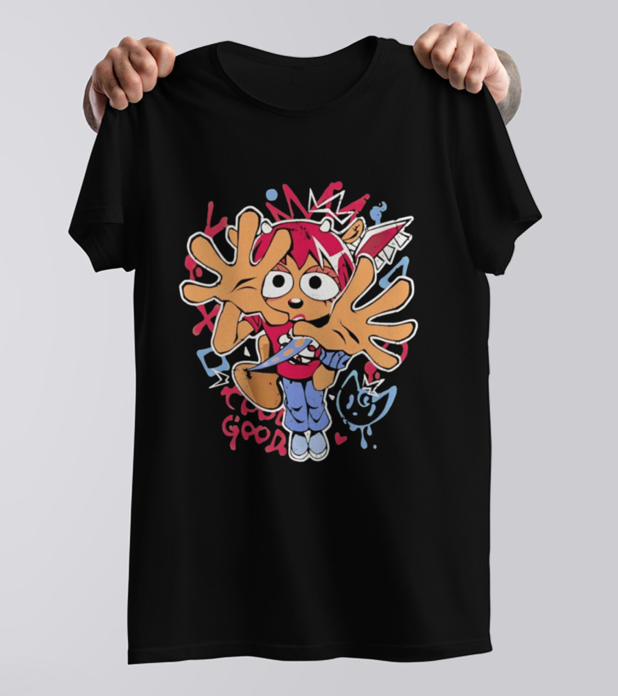 True Good Anime Distressed Graffiti Cartoon Character With Red Hair And Large Hands T-Shirt