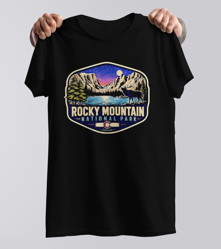 Rocky Mountain National Park Elk Wildlife Colorado Moonlit Lake T-Shirt