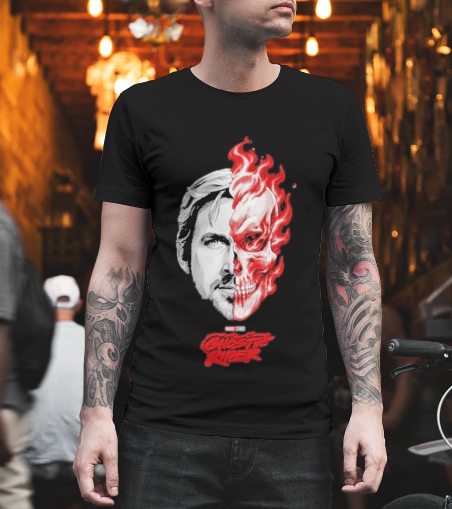 Ryan Gosling Ghost Rider 2028 Split Face Fiery Skull T-Shirt