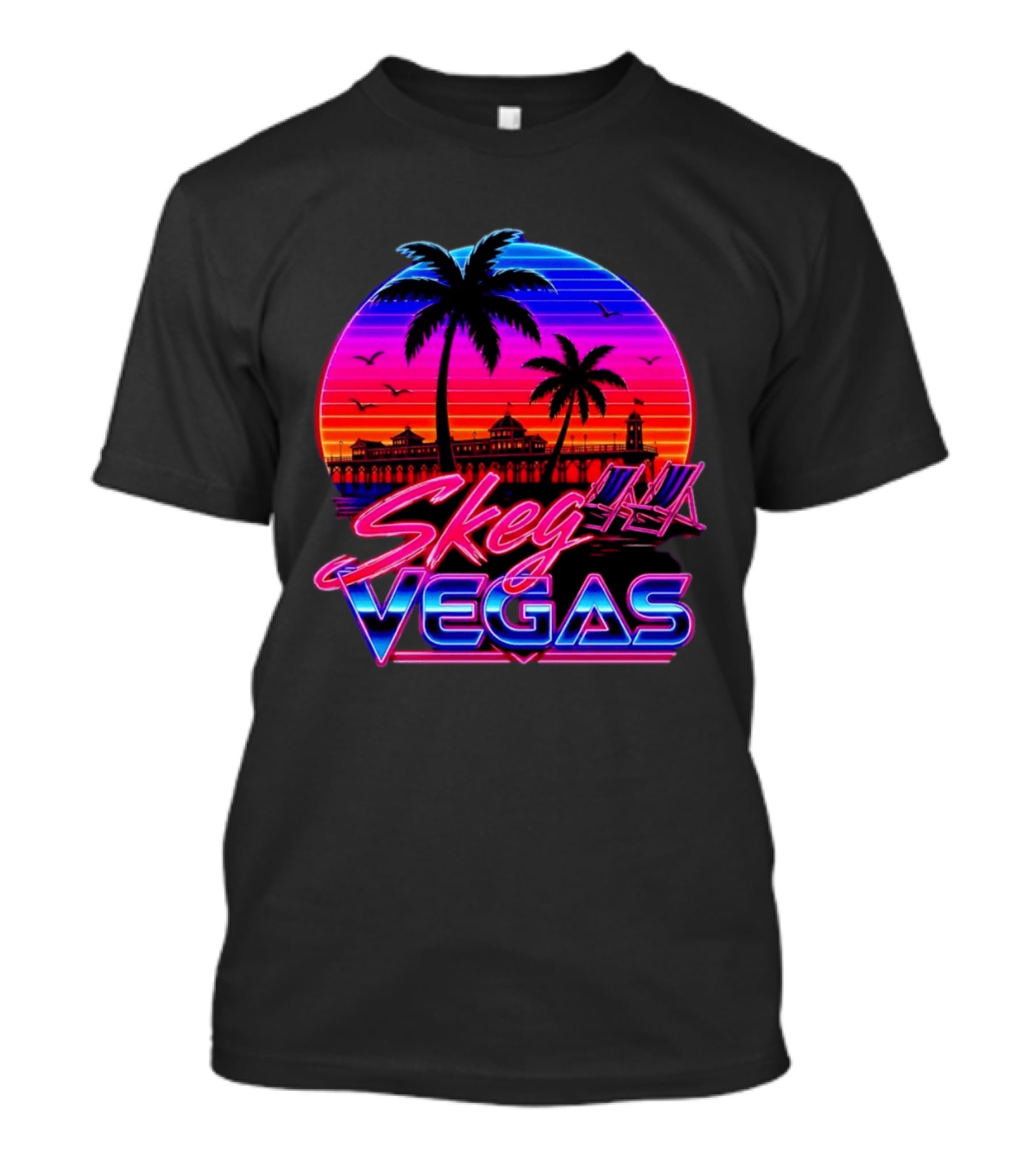 Skeg Vegas Beach Pier Sunset Skegness Retro Neon T-Shirt