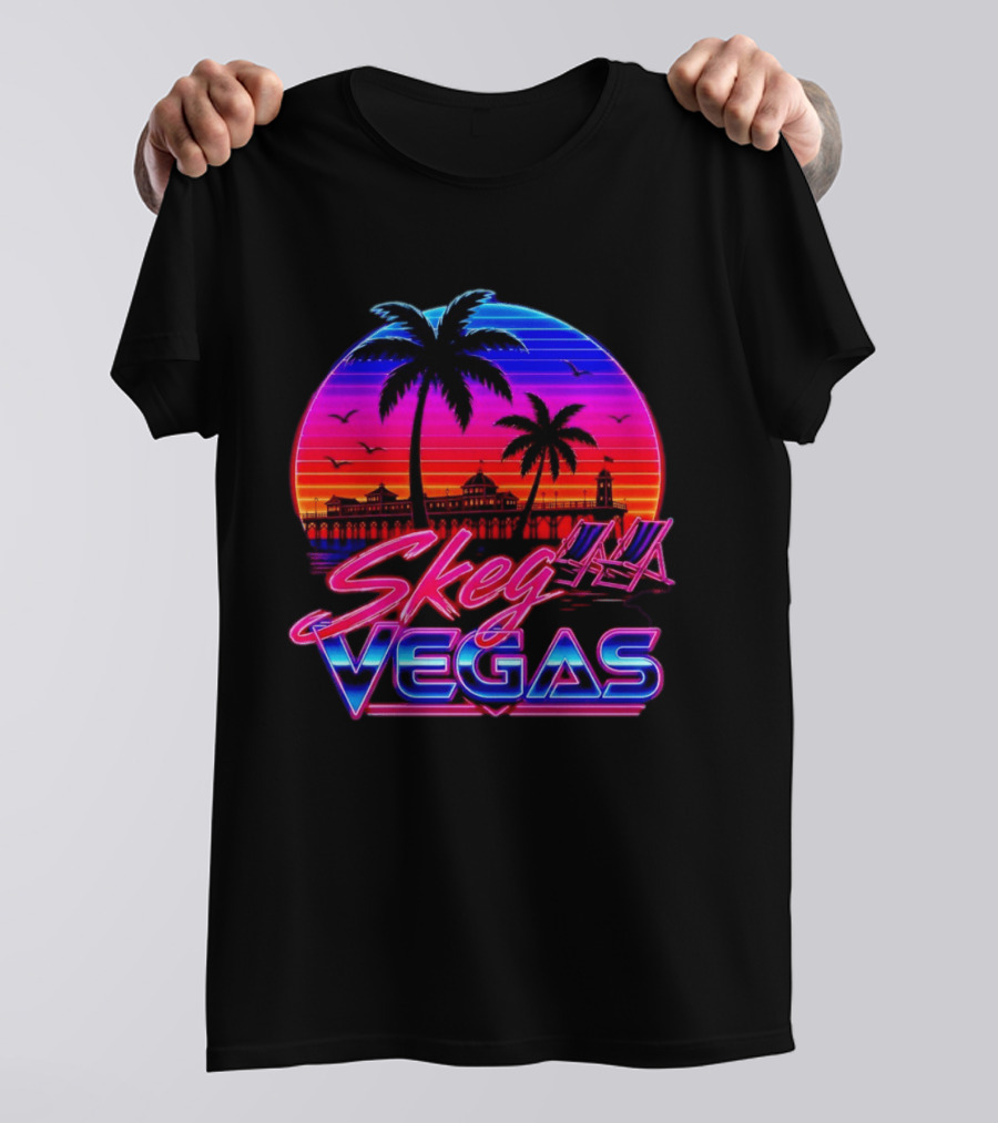 Skeg Vegas Beach Pier Sunset Skegness Retro Neon T-Shirt