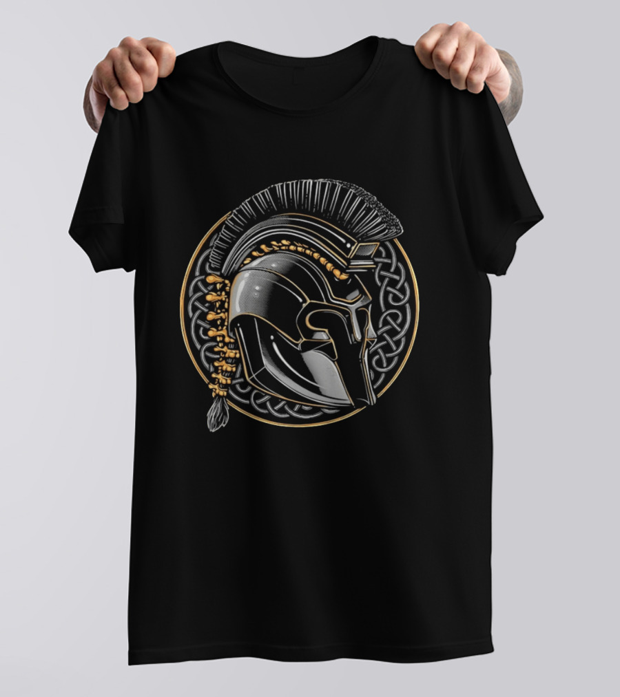 Spartan Helmet Celtic Knot Motif With Braided Spinal Column T-Shirt