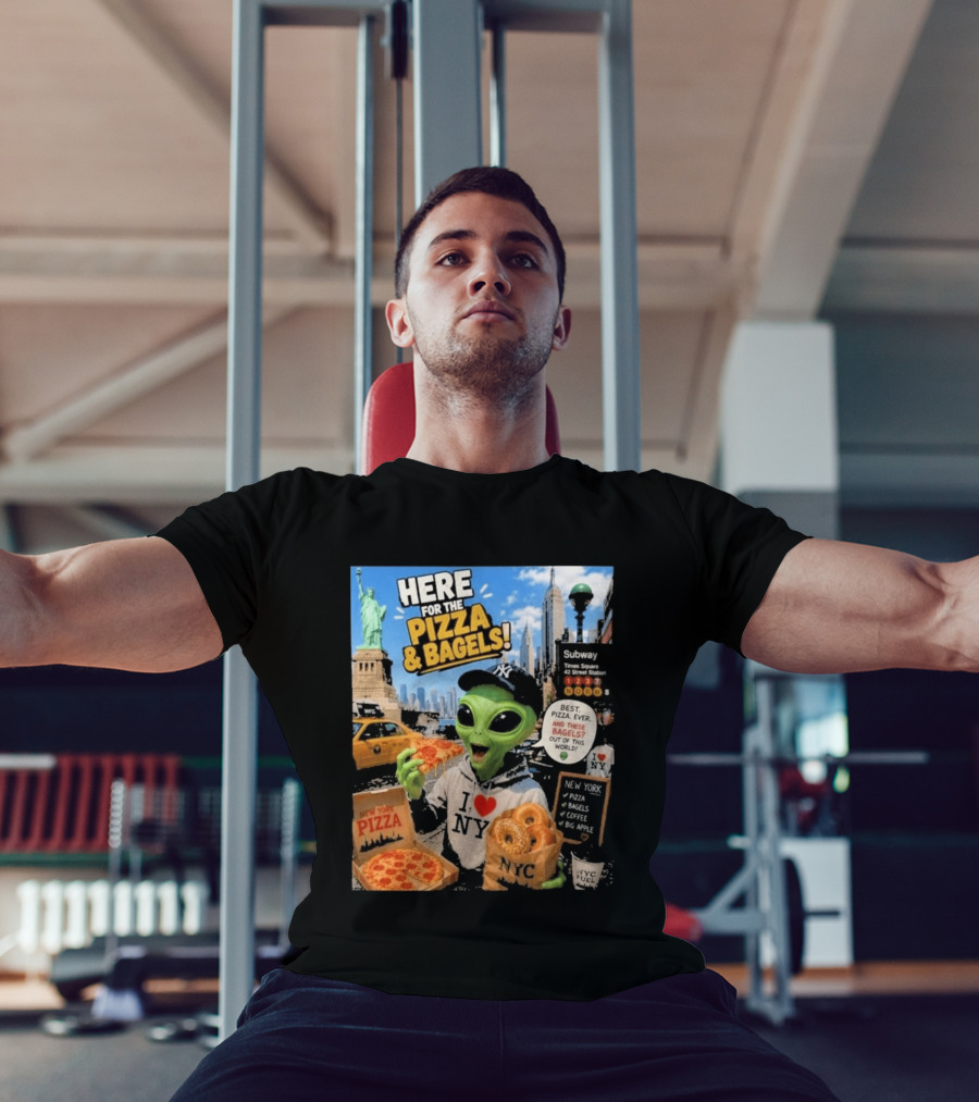 NYC Alien Loves Pizza And Bagels With Statue Of Liberty And Times Square Subway T-Shirt