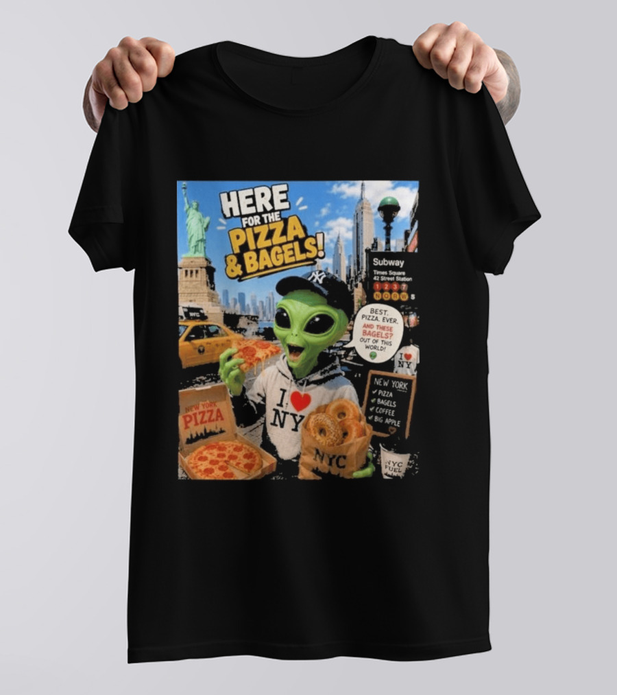 NYC Alien Loves Pizza And Bagels With Statue Of Liberty And Times Square Subway T-Shirt