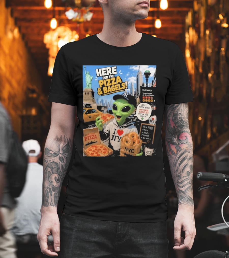 NYC Alien Loves Pizza And Bagels With Statue Of Liberty And Times Square Subway T-Shirt