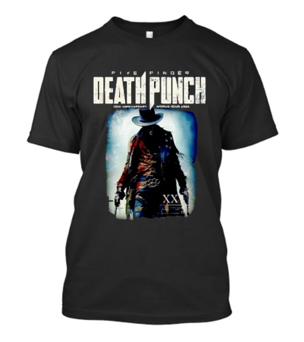 Five Finger Death Punch 20th Anniversary World Tour 2026 Cowboy Imagery With Knuckle Duster And Pistols T-Shirt