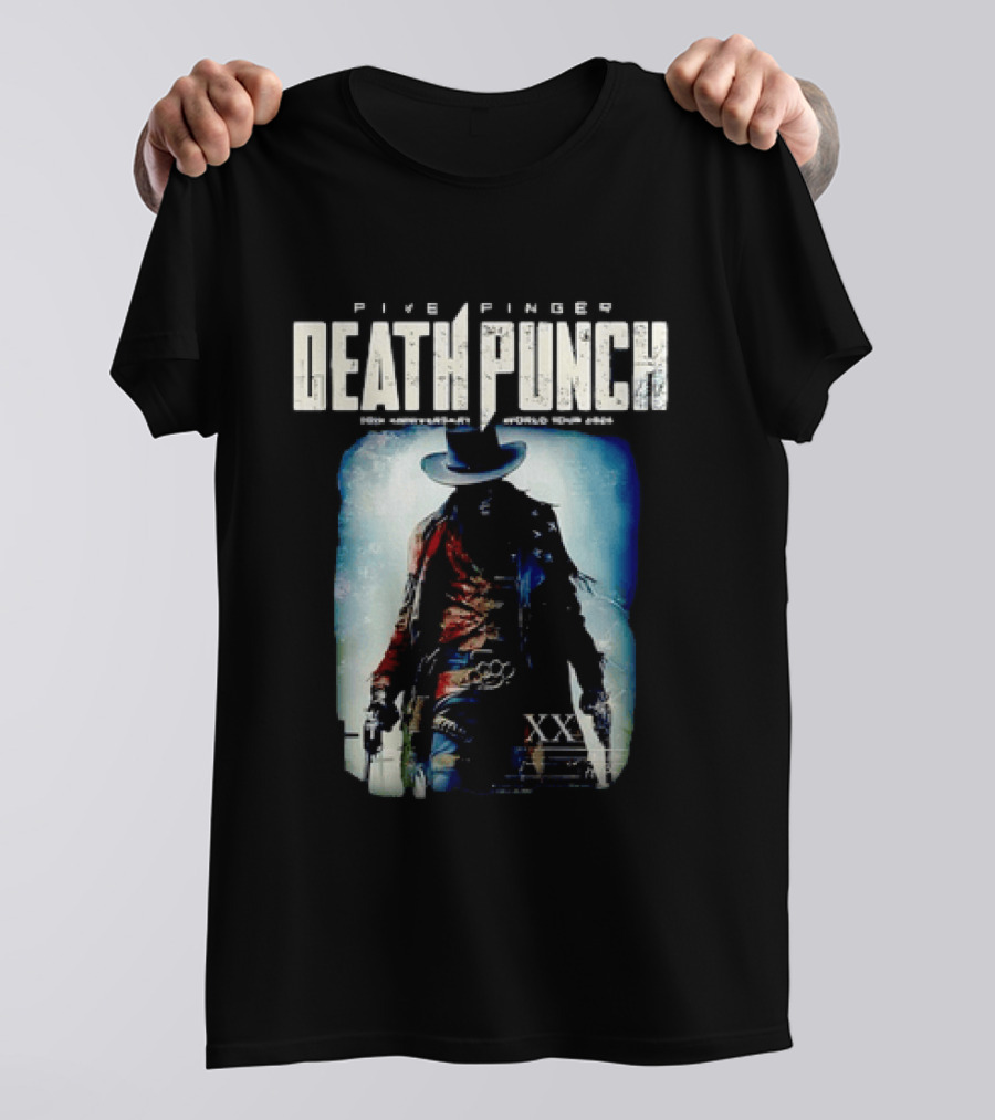 Five Finger Death Punch 20th Anniversary World Tour 2026 Cowboy Imagery With Knuckle Duster And Pistols T-Shirt
