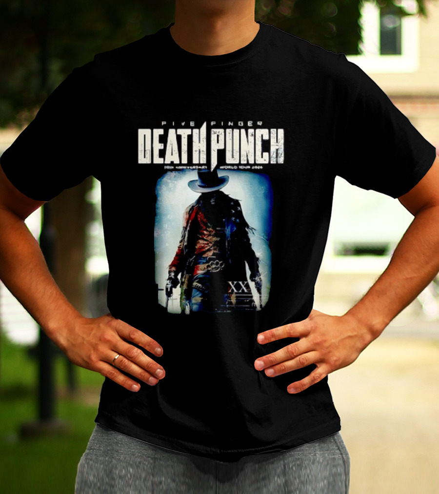 Five Finger Death Punch 20th Anniversary World Tour 2026 Cowboy Imagery With Knuckle Duster And Pistols T-Shirt