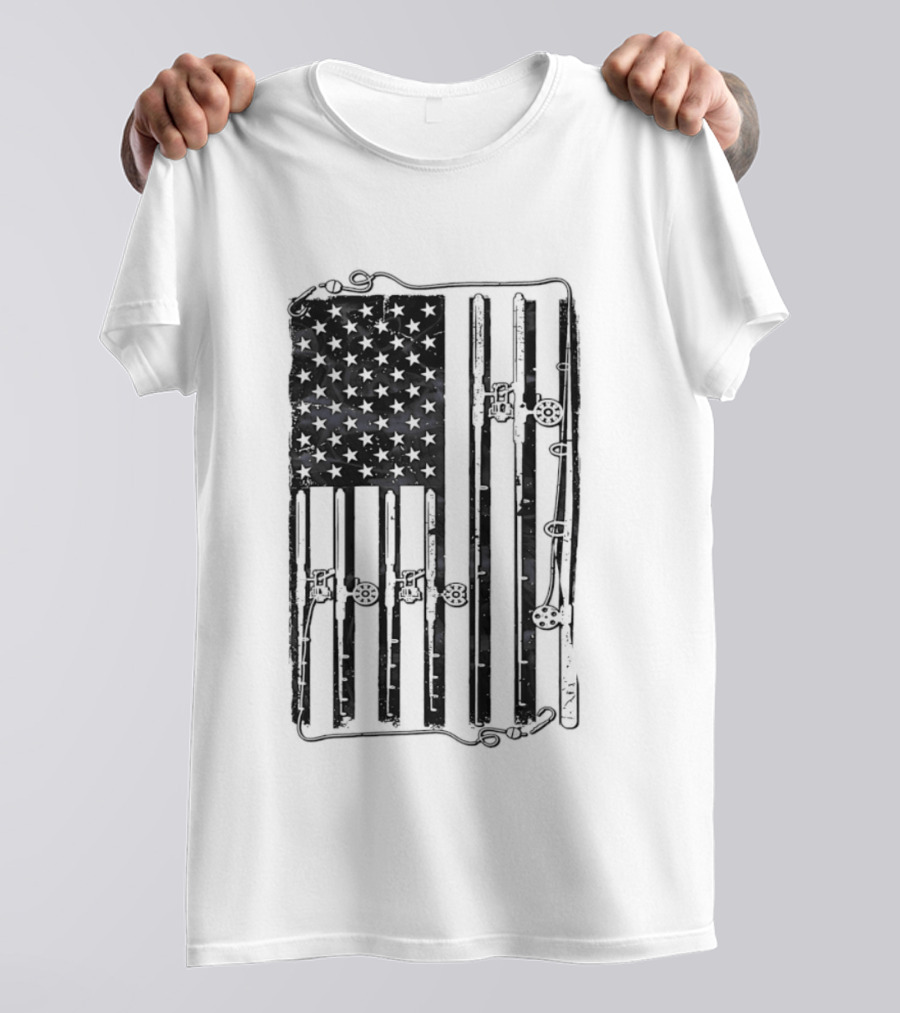Distressed American Flag Fishing Rod Patriotic USA Angling Stars And Stripes T-Shirt
