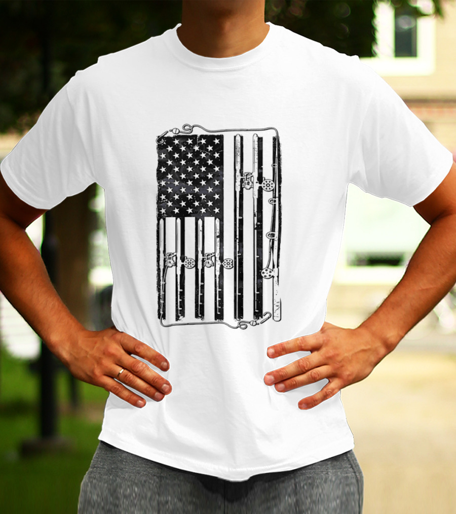 Distressed American Flag Fishing Rod Patriotic USA Angling Stars And Stripes T-Shirt