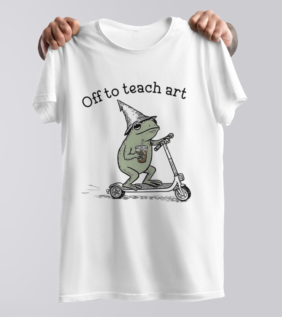 Frog Off To Teach Art With Iced Coffee On Scooter T-Shirt