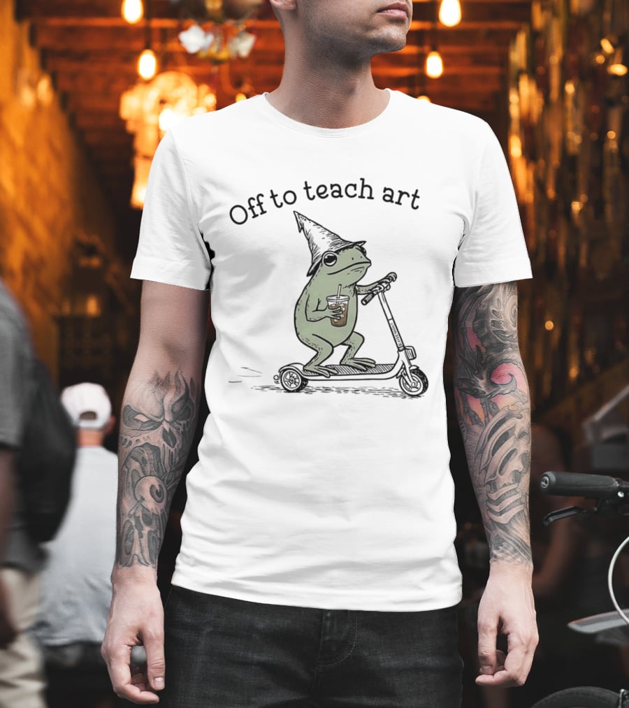 Frog Off To Teach Art With Iced Coffee On Scooter T-Shirt
