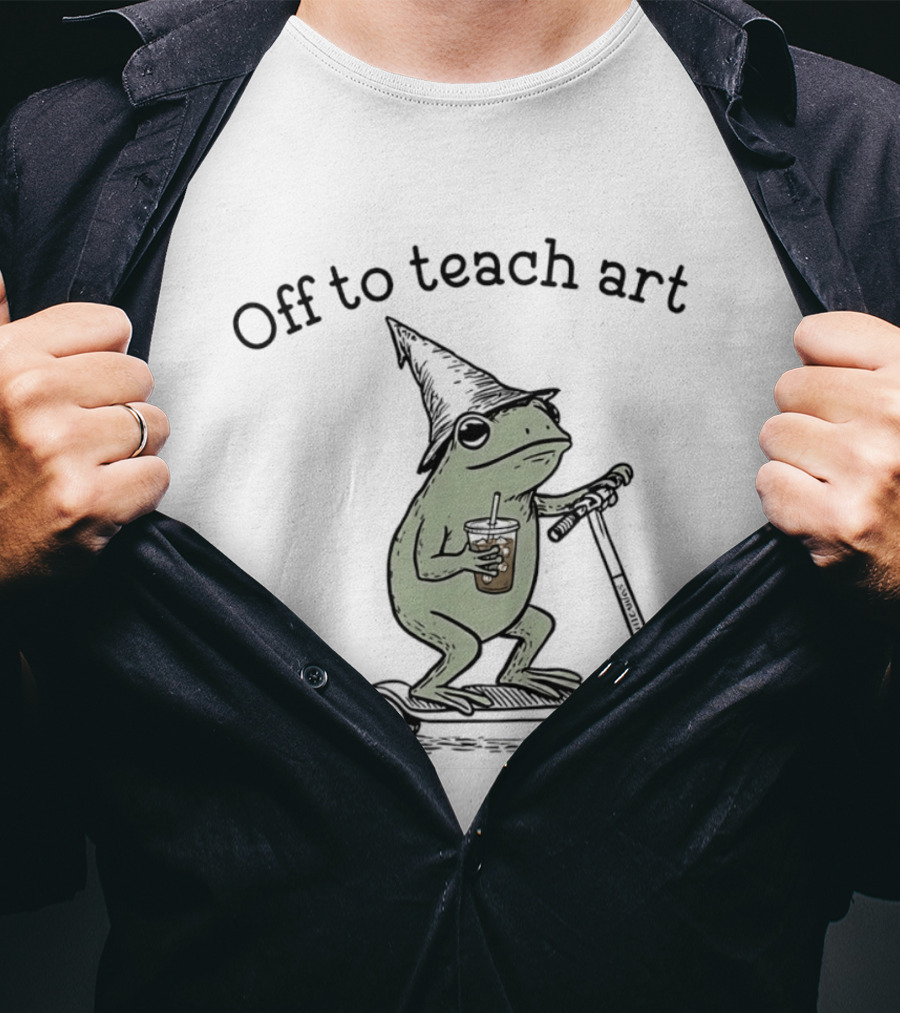 Frog Off To Teach Art With Iced Coffee On Scooter T-Shirt