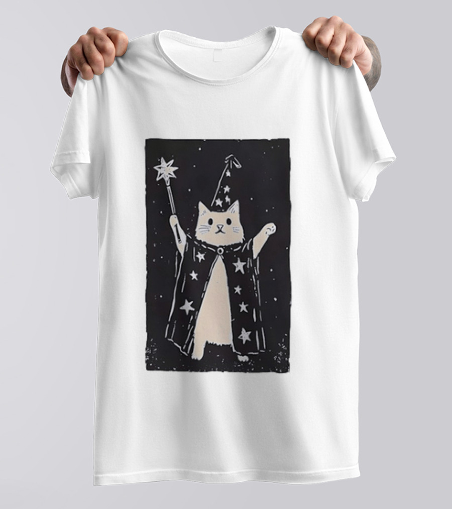 The Magician Cat Tarot Card Wizard Hat Starry Cloak Magic Wand T-Shirt
