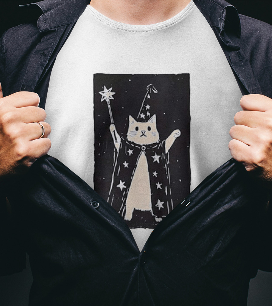 The Magician Cat Tarot Card Wizard Hat Starry Cloak Magic Wand T-Shirt