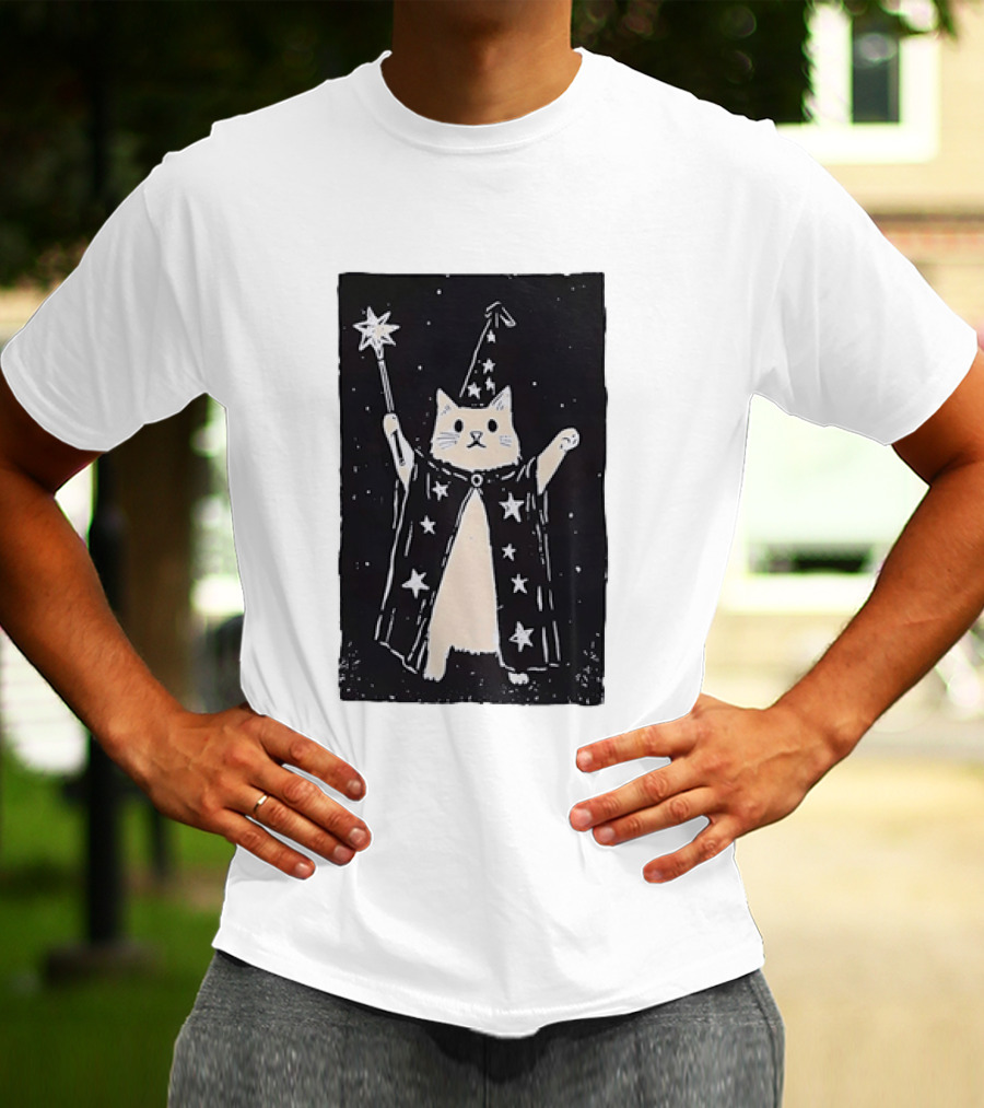 The Magician Cat Tarot Card Wizard Hat Starry Cloak Magic Wand T-Shirt