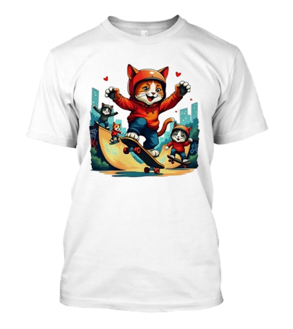 Skateboarding Cats In Helmets With Hearts And Cityscape T-Shirt